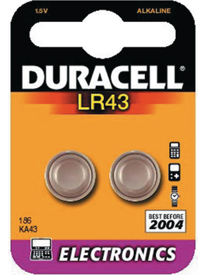 Duracell - LR43 - Button cell battery,  Alkaline/manganese, 1.5 V, 105 mAh, PU=Pack of 2 pieces, LR43, Duracell