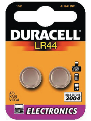 Duracell - LR44 - Button cell battery,  Alkaline/manganese, 1.5 V, 105 mAh, PU=Pack of 2 pieces, LR44, Duracell