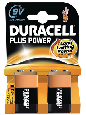 Duracell - PLUS POWER 9V - Primary battery 9 V 6LR61/9V Pack of 2 pieces, PLUS POWER 9V, Duracell