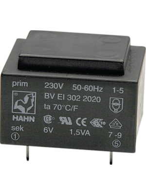 Hahn - EI 301 3589 - PCB transformer 0.7 VA 12 VAC  (2x), EI 301 3589, Hahn