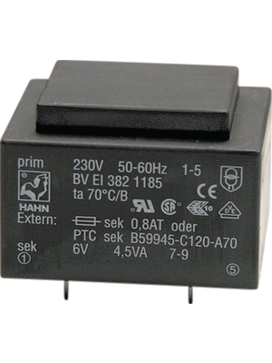 Hahn - EI382 1185 - PCB transformer 4.5 VA 6 VAC  (1x), EI382 1185, Hahn