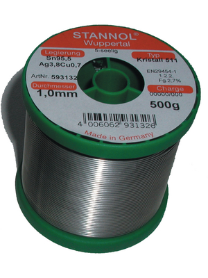 Stannol - TSC KRISTALL 511, 810797 - Solder wire Sn95/Ag4/Cu1 250 g 0.5 mm, TSC KRISTALL 511, 810797, Stannol