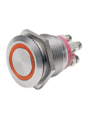 Bulgin - MPI002/TERM/RD - Push-button Switch, vandal proof red 19.2 mm 24 VDC 50 mA 1 make contact (NO), MPI002/TERM/RD, Bulgin