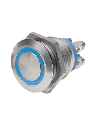 Bulgin - MPI002/TERM/BL - Push-button Switch, vandal proof blue 19.2 mm 24 VDC 50 mA 1 make contact (NO), MPI002/TERM/BL, Bulgin