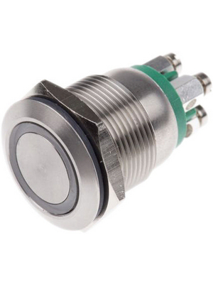 Bulgin - MPI002/TE/GN/24 - Push-button Switch, vandal proof green 19.2 mm 24 VDC 50 mA 1 make contact (NO), MPI002/TE/GN/24, Bulgin