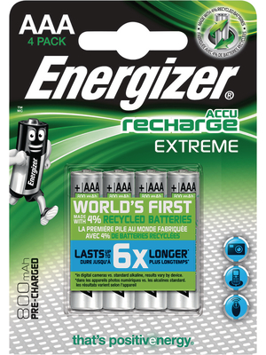 Energizer - EXTREME AAA 800MAH 4P - NiMH rechargeable battery HR03/AAA 1.2 V 800 mAh PU=Pack of 4 pieces, EXTREME AAA 800MAH 4P, Energizer