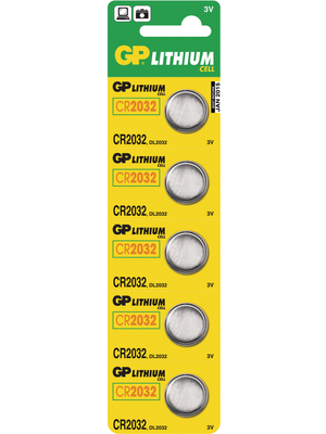 GP Batteries - GP CR 2032-C5 - Button cell battery,  Lithium, 3 V, 220 mAh, PU=Pack of 5 pieces, GP CR 2032-C5, GP Batteries