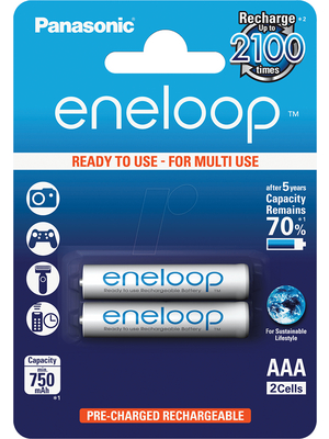 Panasonic Automotive & Industrial Systems - ENELOOP 2XAAA - NiMH rechargeable battery 1.2 V 750 mAh PU=Pack of 2 pieces, ENELOOP 2XAAA, Panasonic Automotive & Industrial Systems