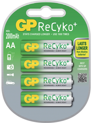 GP Batteries - GP RECYKO 210AAHCB-U4 / R6 / AA - NiMH rechargeable battery 1.2 V 2000 mAh PU=Pack of 4 pieces, GP RECYKO 210AAHCB-U4 / R6 / AA, GP Batteries