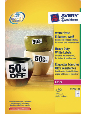 Avery Zweckform - L4773-20 - Weather-proof film labels 63.5 x 33.9 mm, L4773-20, Avery Zweckform
