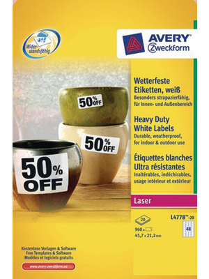 Avery Zweckform - L4778-20 - Weather-proof film labels 45.7 x 21.2 mm, L4778-20, Avery Zweckform
