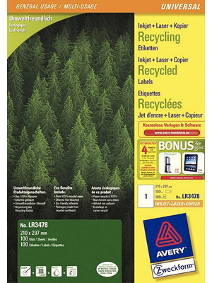 Avery Zweckform - LR3478 - Recycled Universal labels 210 x 297 mm, LR3478, Avery Zweckform