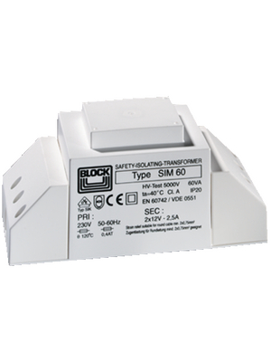 Block - SIM 60 - Lighting transformer 60 VA 2 x 12 VAC, SIM 60, Block