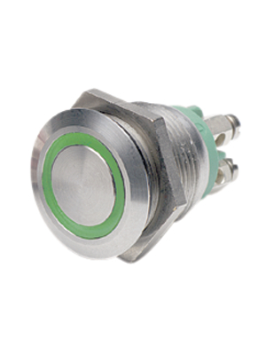 Bulgin - MPI002/TERM/GN - Push-button Switch, vandal proof green 19.2 mm 24 VDC 50 mA 1 make contact (NO), MPI002/TERM/GN, Bulgin