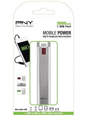PNY - P-B2600-1S02-RB - PowerPack Digital 2600 2600 mAh aluminium, P-B2600-1S02-RB, PNY